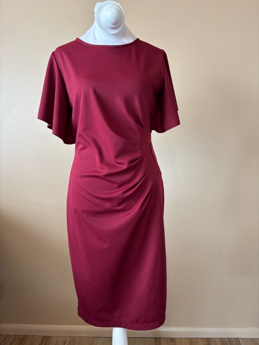Mi Burgundy Midi Dress with Flutter Sleeves